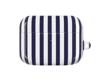 Estuche para AirPods con rayas verticales en blanco y azul marino / Diseño náutico minimalista