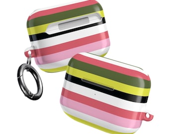 Estuche para AirPods con estampado de rayas de colores / Rosa, oliva, amarillo, negro y blanco