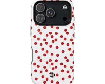 Funda para teléfono con estampado de lunares rojos, resistente y magnética, fondo blanco, lunares retro.