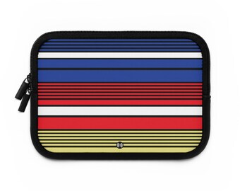 Funda para portátil con diseño retro de rayas y bloques de color / Líneas horizontales en azul, rojo y amarillo