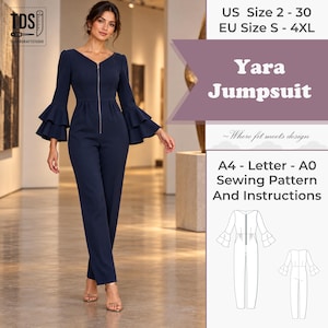 May include: A navy blue jumpsuit featuring a V-neckline, a front zipper, and three-quarter length sleeves with double-tiered ruffled cuffs. The text reads: TDS Tailordraftstudio, US Size 2-30, EU Size S-4XL, Yara Jumpsuit, Where fit meets design, A4-Letter-A0 Sewing Pattern And Instructions.