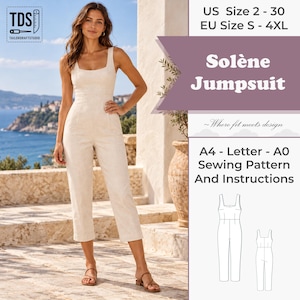 Peut inclure: Une combinaison sans manches beige avec une encolure carrée et des jambes raccourcies. L'image contient le texte : TDS TailorDraftStudio, US Size 2-30, EU Size S-4XL, Solène Jumpsuit, Where fit meets design, A4-Letter-A0 Sewing Pattern And Instructions.