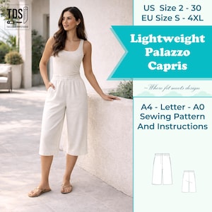Może przedstawiać: Kobieta w kremowym topie i pasujących spodniach capri. Spodnie mają elastyczną talię. Obraz zawiera tekst "Lightweight Palazzo Capris" oraz "A4 - Letter - A0 Sewing Pattern And Instructions".