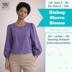 Può includere: Una donna indossa una camicetta lilla con maniche a vescovo, scollatura rotonda e maniche lunghe. La camicetta è abbinata a pantaloni color beige. Il testo recita "Bishop Sleeve Blouse" e "A4 - Letter - A0 Sewing Pattern And Instructions."