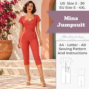 Peut inclure: Une combinaison couleur rouille à manches courtes, encolure en cœur, fermeture éclair frontale et ceinture à nouer. Texte inclus : TDS, Mina Jumpsuit, Where fit meets design, US Size 2-30, EU Size S-4XL, A4-Letter-A0 Sewing Pattern And Instructions.