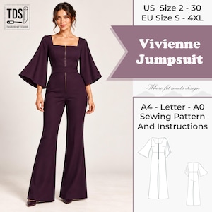 May include: A dark purple jumpsuit featuring a square neckline, a front zipper closure, and wide bell sleeves. The garment has long, flared pant legs. Text on the image includes Vivienne Jumpsuit, US Size 2-30, EU Size S-4XL, and A4-Letter-A0 Sewing Pattern And Instructions.