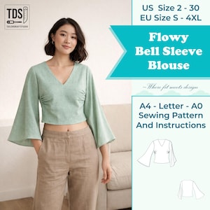 May include: A woman wearing a mint green flowy bell sleeve blouse and tan pants. The blouse has a V-neck and gathered detail. Text on the image reads "Flowy Bell Sleeve Blouse" and "A4 - Letter - A0 Sewing Pattern And Instructions."