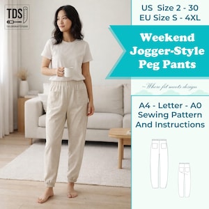 Puede incluir: Una persona viste una camiseta color crema y pantalones de jogging beige. La imagen incluye el texto "Weekend Jogger-Style Peg Pants" y "A4 - Letter - A0 Sewing Pattern And Instructions." Las tallas son US 2-30 y EU S-4XL.