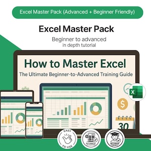 May include: An advertisement for an Excel Master Pack, featuring a laptop, tablet, and smartphone displaying Excel charts. The text reads "How to Master Excel" and "Beginner to Advanced." Includes icons for easy use, automatic calculations, and beginner-friendly.
