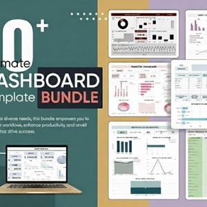 Op de afbeelding: Een afbeelding met een "40+ Ultimate Dashboard Template Bundle". De afbeelding toont een laptop met een dashboard, samen met verschillende andere dashboardvoorbeelden. De tekst luidt: "Tailored for diverse needs, this bundle empowers you to streamline workflows, enhance productivity, and unveil patterns that drive success."
