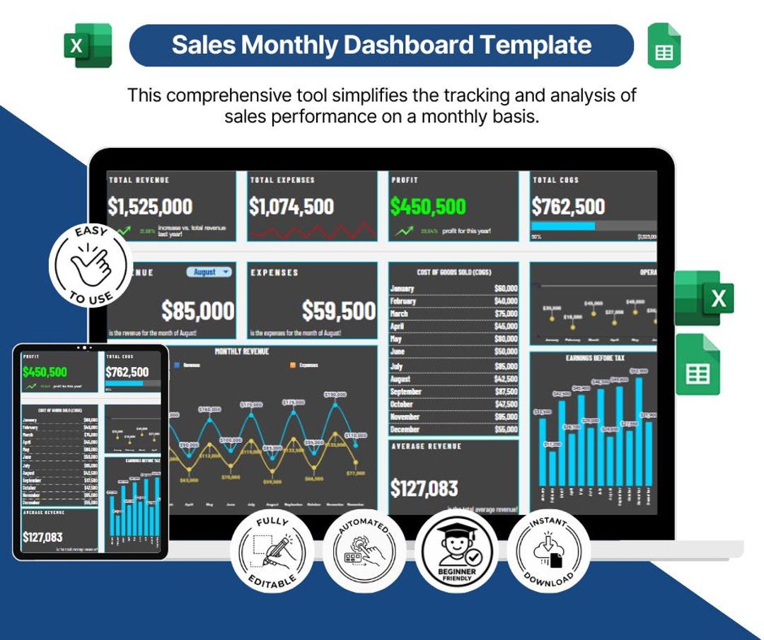 Sales Dashboard Template | Excel & Google Sheets (digital Download) - Etsy