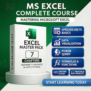 May include: A white box labeled "Excel Master Pack" with the Microsoft Excel logo, 7 chapters, and "Beginner to Advanced" text. Blue buttons list topics like Spreadsheets, Data Visualization, and Power Query. The text "Start Learning Today" is at the bottom.