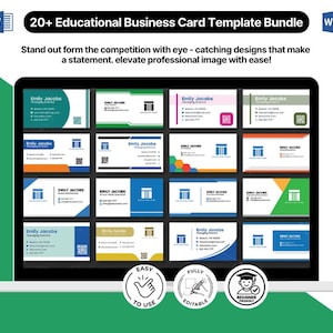 May include: A digital display of business card templates. The cards feature various designs with the name "Emily Jacobs" and contact information. The text reads "20+ Educational Business Card Template Bundle" and "Stand out form the competition with eye-catching designs".