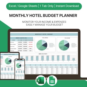 May include: A digital Monthly Hotel Budget Planner displayed on a laptop, tablet, and smartphone. The planner includes charts and graphs for income, expenses, and profit. Text includes "Excel / Google Sheets", "1 Tab Only", and "Instant Download".