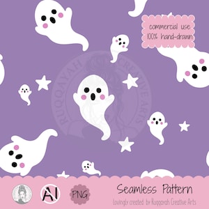 May include: A seamless pattern featuring white cartoon ghosts with black eyes and pink cheeks on a purple background, interspersed with white stars. Text includes commercial use 100% hand-drawn, Seamless Pattern, and Ruqqayah Creative Arts.