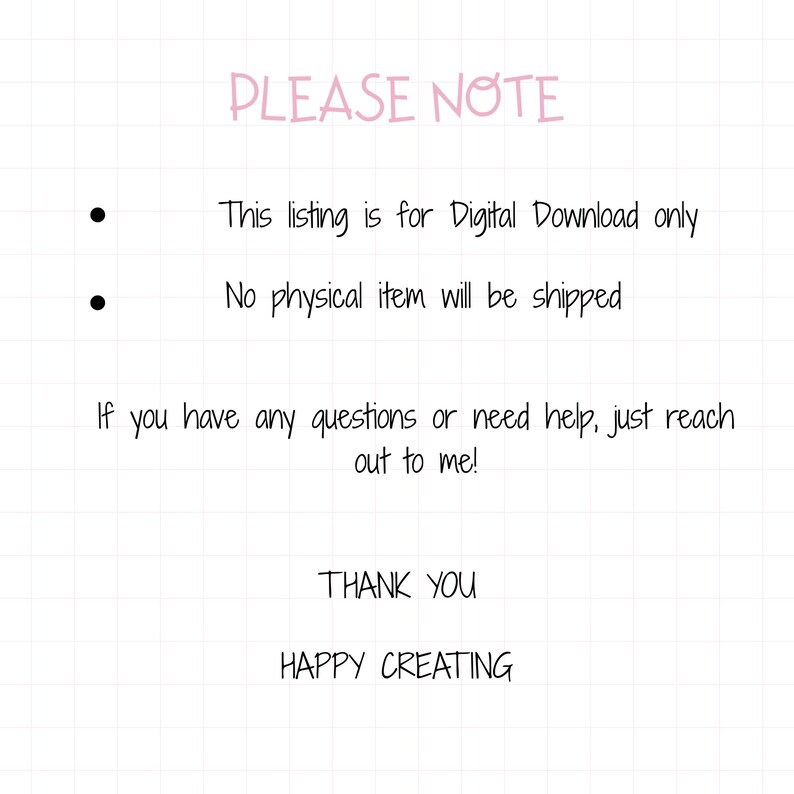 Product notice graphic stating digital download only, no physical item shipped, and customer support info.