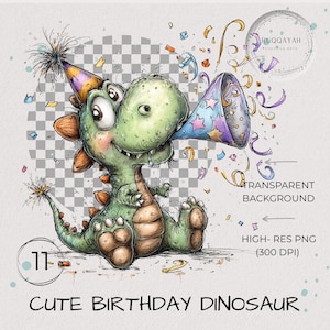 May include: A cartoon illustration of a green dinosaur with a party hat and horn, surrounded by confetti. The text "CUTE BIRTHDAY DINOSAUR" is at the bottom. The image has a transparent background.