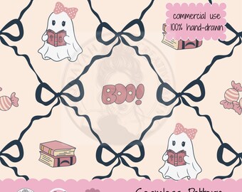 Spooky Coquette Ghost Reading Books Seamless Pattern (Digital Download)