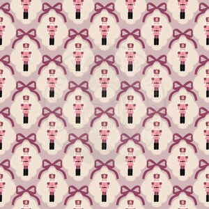 Pink Nutcracker Bow Seamless Pattern digital file, hand drawn coquette Christmas soldier surface pattern for commercial use.