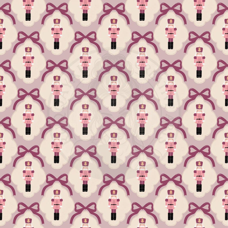 Pink Nutcracker Bow Seamless Pattern digital file, hand drawn coquette Christmas soldier surface pattern for commercial use.