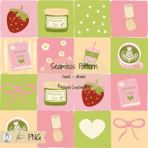 Strawberry Matcha Seamless Pattern, Preppy Coquette Digital Paper, Pink Green Grid Pattern, Cute Matcha Tea Fabric File, Commercial Use PNG