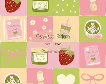 Strawberry Matcha Seamless Pattern, Preppy Coquette Digital Paper, Pink Green Grid Pattern, Cute Matcha Tea Fabric File, Commercial Use PNG