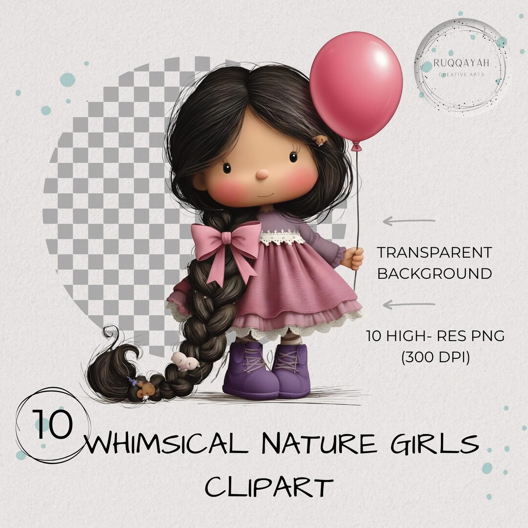 Whimsical Girl With Flowers Clipart PNG Bundle | Spring Digital Art ...