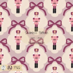 Pink Nutcracker Bow Seamless Pattern, Coquette Christmas Surface Pattern PNG, Pastel Holiday Fabric Design, Commercial Use