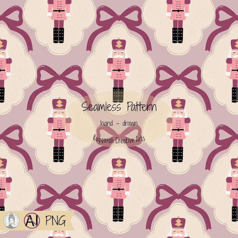 Pink Nutcracker Bow Seamless Pattern repeat design with cute coquette Christmas soldier motifs for festive fabric print.