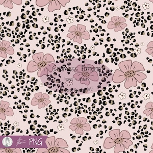 May include: A seamless pattern featuring hand-drawn pink flowers and a black and tan leopard print on a light pink background. The text Seamless Pattern hand-drawn and Sugaryll Creative Arts is visible in the centre, with PNG text at the bottom.