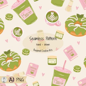 May include: A seamless pattern featuring illustrations of matcha-themed items including green donuts, lattes with foam art, macarons, matcha tea jars, and pink books labeled Matcha Love, all set against a light cream background with small pink hearts.