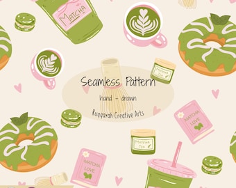 Matcha Seamless Pattern, Matcha Book Lover Digital Paper, Coquette Aesthetic Pattern, Pink Green Background, Commercial Use PNG