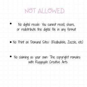 : Usage restrictions graphic stating no digital resale, no print-on-demand sites like Redbubble, and copyright rules.