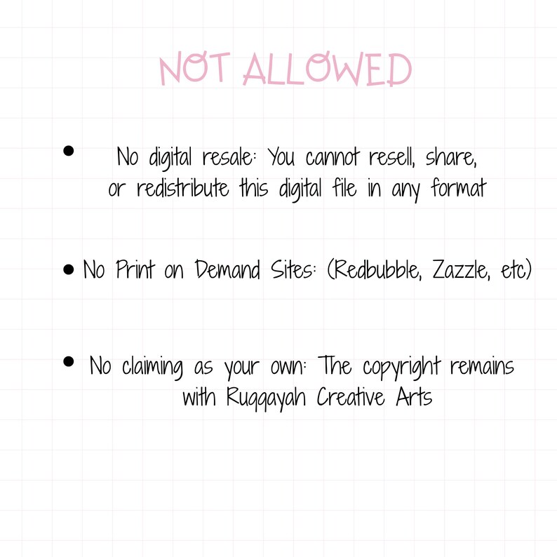 : Usage restrictions graphic stating no digital resale, no print-on-demand sites like Redbubble, and copyright rules.