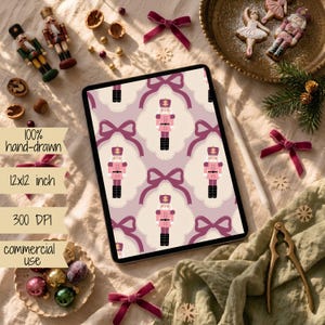 Pink coquette nutcracker seamless pattern shown on digital tablet with Christmas holiday decor background.