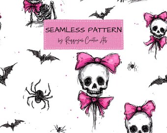 Halloween Coquette Skeleton Seamless Pattern, Spooky Pink Bows, Pastel Digital Paper (Commercial Use)