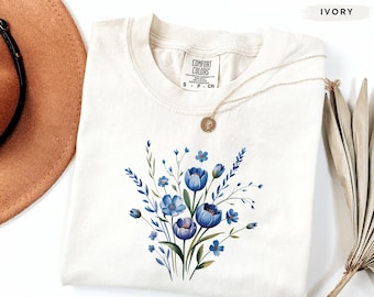 Comfort Colors® Blue Flower Bouquet Shirt, Flower Lover Shirt, Retro Floral Shirt, Flower Shirt, Plant Ladies Shirt, Gift for Nature Lover