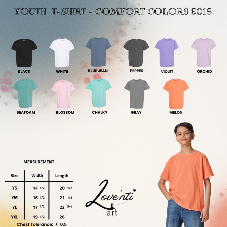 May include: A display of youth t-shirts in various colors, including black, white, blue jean, pepper, violet, orchid, seafoam, blossom, chalky, gray, and melon. The image also shows size measurements in inches and a young person wearing a melon-colored t-shirt.