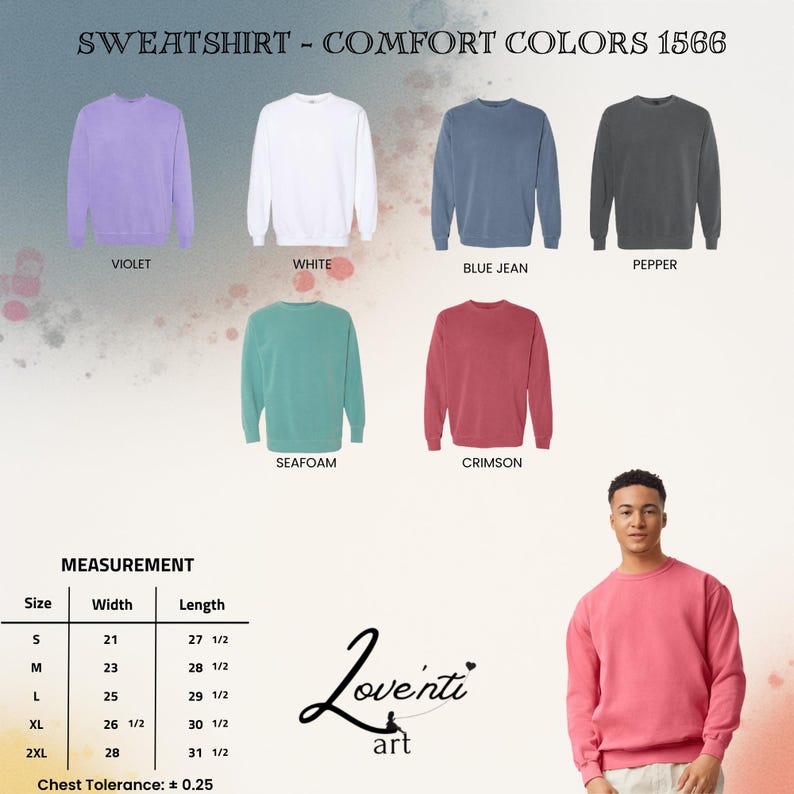 May include: A selection of Comfort Colors sweatshirts in various hues, including violet, white, blue jean, pepper, seafoam, and crimson. The image also displays a size chart with measurements in inches and a person wearing a crimson sweatshirt.