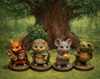 May include: Four miniature woodland animal figurines: a fox in a red cloak, a hedgehog in a green shawl, a gray mouse with a yellow cup, and a turtle with a walking stick. Each figurine is on a brown base, set against a forest backdrop.
