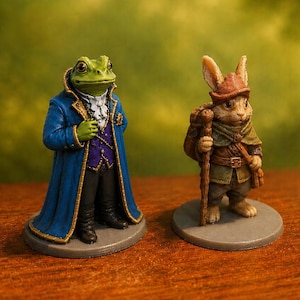 Puede incluir: Dos figuras detalladas: una rana con abrigo azul y un conejo con mochila y bastón. La rana viste chaleco morado y pantalón negro. El conejo lleva abrigo verde y sombrero marrón. Ambas figuras están sobre bases grises.