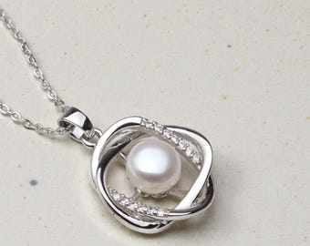 925 Sterling Silver Pearl Jewelry Set for Women, Classic Wedding Necklace and Earrings, Natural Pearl Pendant Set.