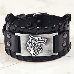 Wolf Head Leather Bracelet for Men, Punk Wide Adjustable Wristband, Woven Friendship Bracelet, Viking Style Jewelry Gift.