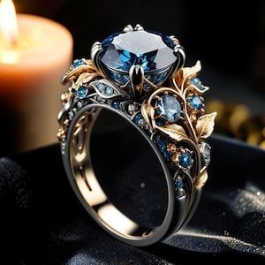 Blue Zircon Leaf Ring for Women, Nature Inspired Adjustable Ring, Elegant Minimalist Cocktail Ring, Unique Birthday Gift Jewelry.