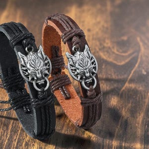 Wolf Head Leather Bracelet for Men, Handwoven Adjustable Punk Bracelet, Charm Jewelry, Unisex Gift.