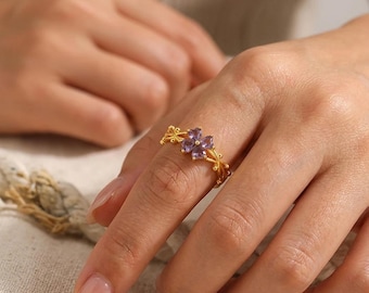 Adjustable Flower Leaf Ring for Women, Purple Cubic Zirconia Promise Ring, 18K Gold Plated Stackable Floral Jewelry Gift.