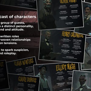 May include: A collection of character cards with illustrations and text, featuring names like Oliver Grant and Clara Winters. The cards are designed for roleplay, with details on public roles, secrets, and objectives, promoting debate and suspicion.