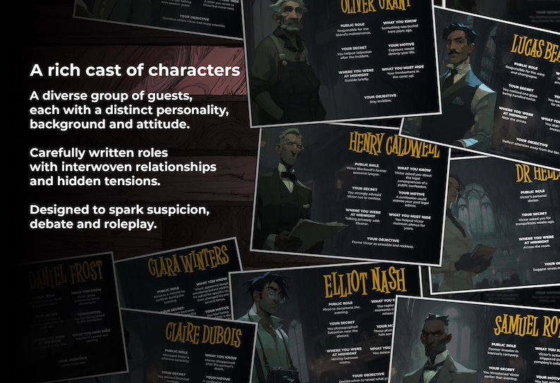May include: A collection of character cards with illustrations and text, featuring names like Oliver Grant and Clara Winters. The cards are designed for roleplay, with details on public roles, secrets, and objectives, promoting debate and suspicion.