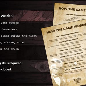 May include: Two beige game instruction sheets titled "How the Game Works" with detailed steps. The left side lists game steps: invite guests, assign characters, reveal clues, discuss, vote, and discover the truth. The game is called Midnight Toast.