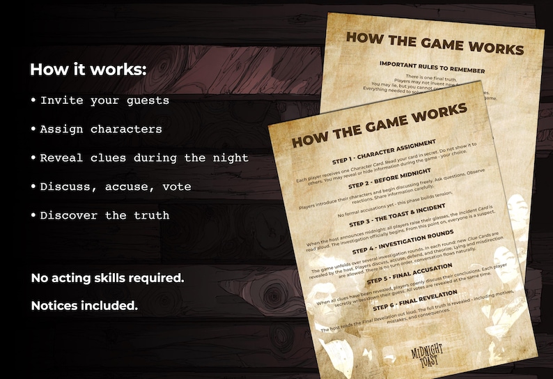 May include: Two beige game instruction sheets titled "How the Game Works" with detailed steps. The left side lists game steps: invite guests, assign characters, reveal clues, discuss, vote, and discover the truth. The game is called Midnight Toast.